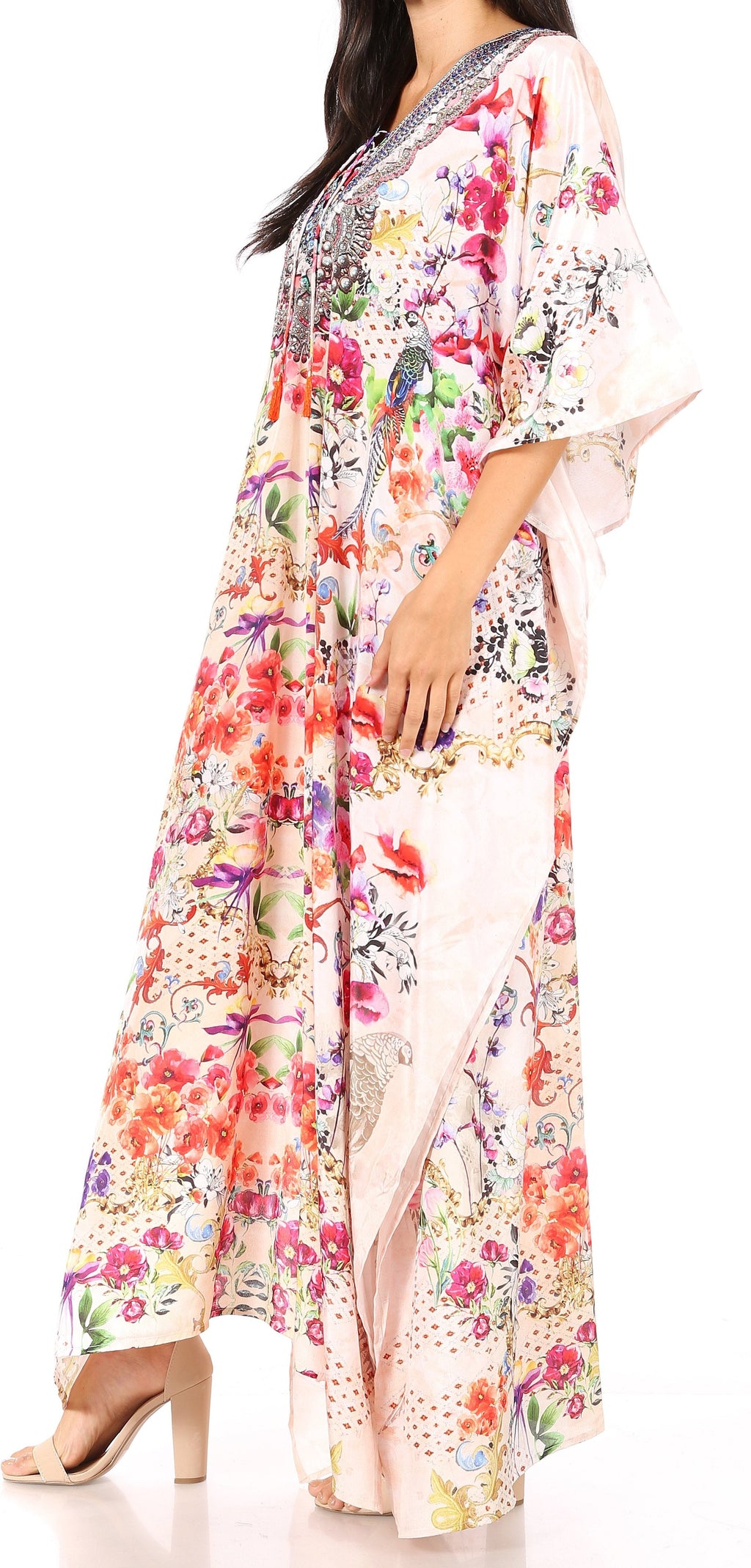 Sakkas Georgettina Flowy Rhinestone V Neck Long Caftan Dress/Cover Up