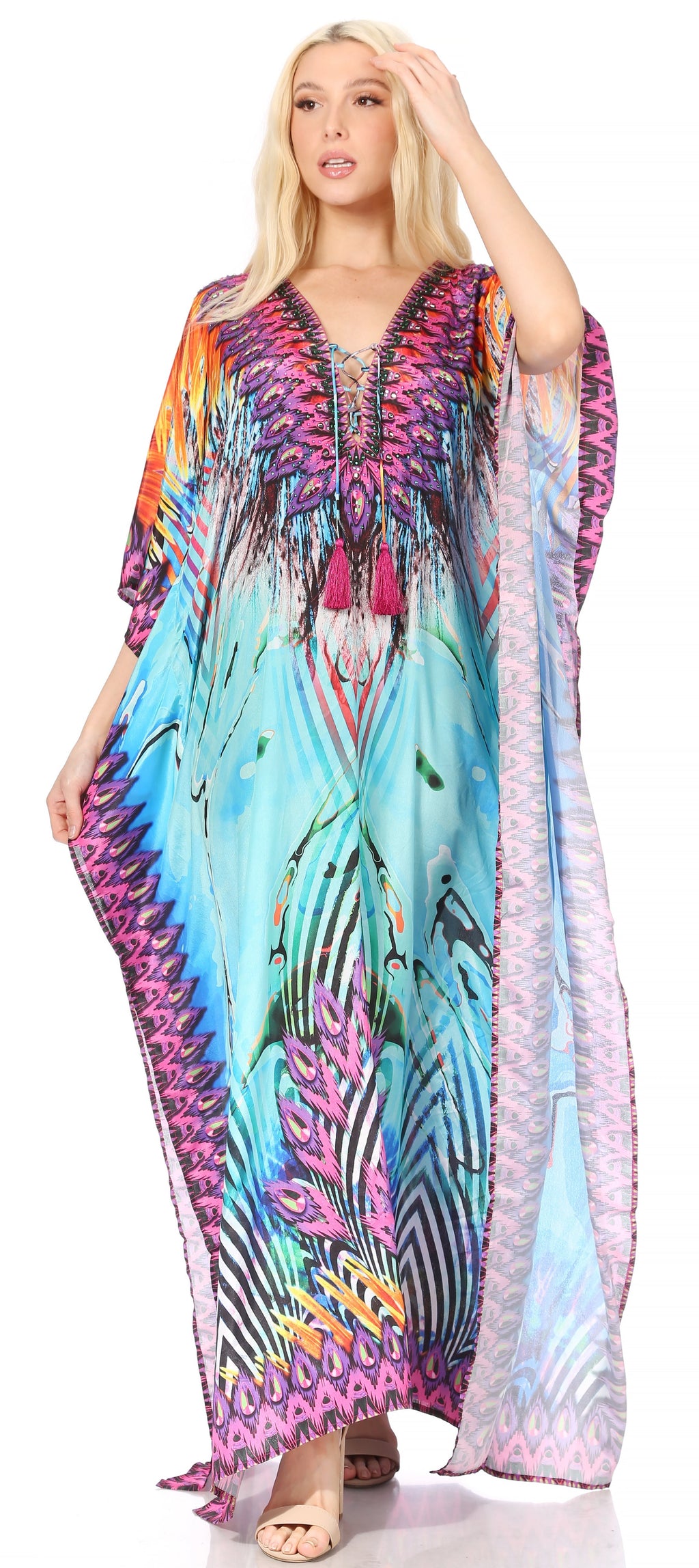 Sakkas Georgettina Flowy Rhinestone V Neck Long Caftan Dress/Cover Up